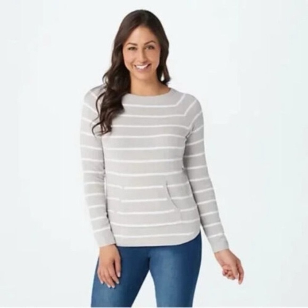 Barefoot Dreams Beige Striped Sweater with Pocket Size Small Preppy Beachy Layer